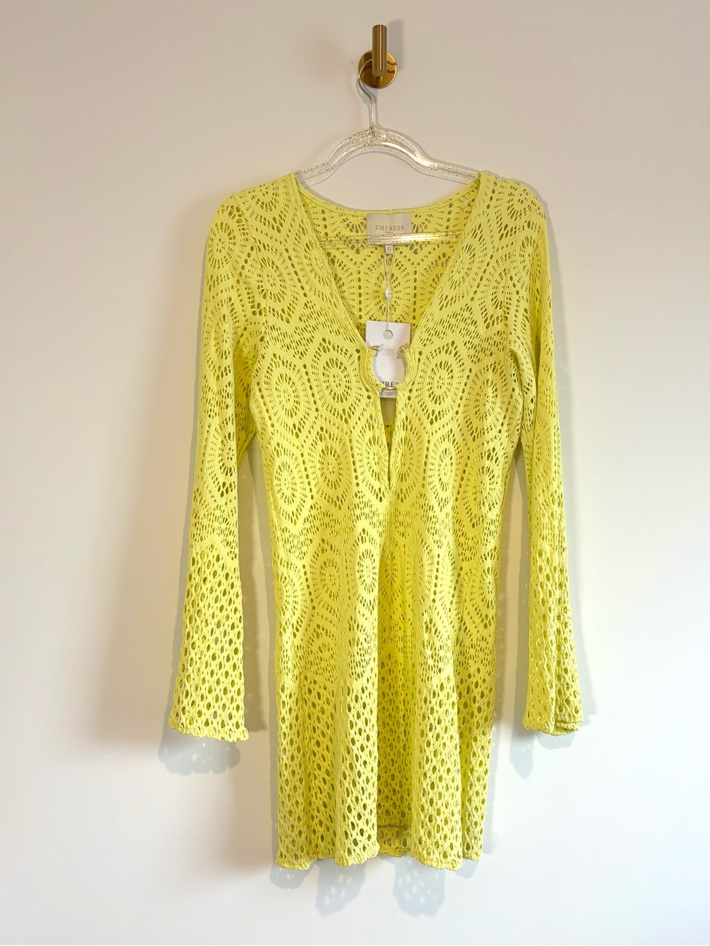 Empress Brasil NWT Short Sixty Yellow Lace Bell Sleeve Ring Cover Up Dress Large - Picture 6 of 12